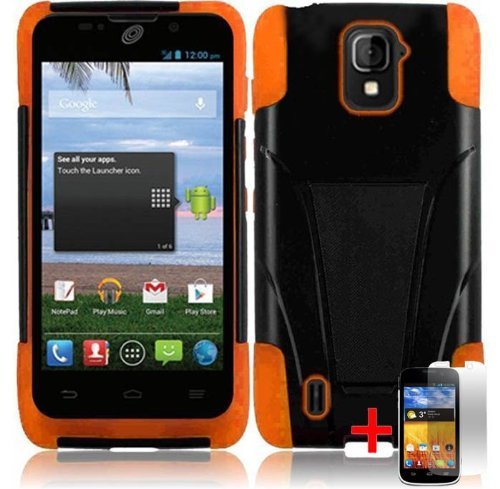 ZTE MAJESTY Z796C BLACK ORANGE HYBRID T KICKSTAND COVER HARD GEL CASE + FREE SCREEN PROTECTOR from [ACCESSORY ARENA]