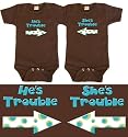 Shopping for Baby Gifts Baby Twin Boy/Girl Gift Set, (Includes 2 Brown Bodysuits - He/She's Trouble, size 12-18 mo)
