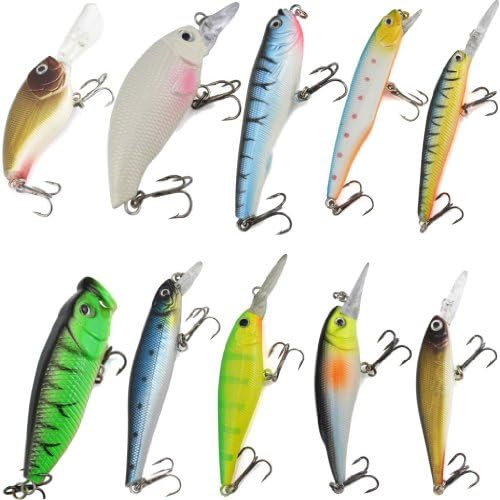 Wahxin 10Pcs Assorted Fishing Lure Bass Baits Tackle 65mm-125mm 7g-15g Minnow Crankbait Pencil Popper