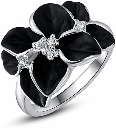 Hitaocity 18k White Gold Plated AAA Zircon Crystal luxurious Black Enamel Flower Cocktail Ring