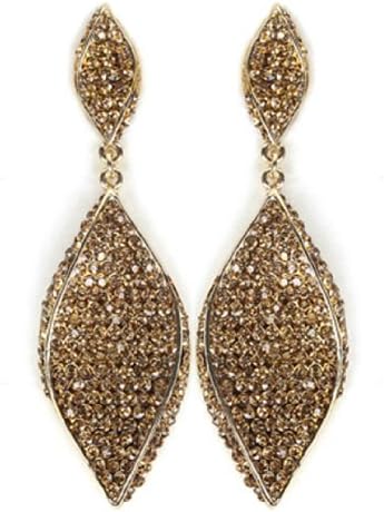 Goldtone Iced Out Wavy Leaf 3.5 Inch Dangle Clip on Earrings