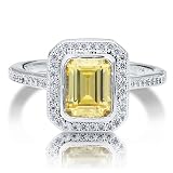 Sterling Silver 925 Emerald Cut Canary Cubic Zirconia CZ Halo Ring - Nickel Free Valentine Engagement Ring