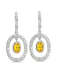 Duo Oval, Vintage Diamond Earrings In 18K White Gold With A 1.00 ct. Genuine Yellow Sapphire Center Stone.