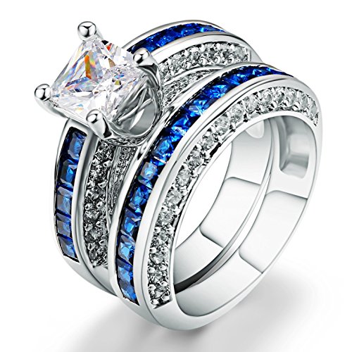 AMIERY Women's Fashion 18KGP Princess Cut CZ Blue Sapphire Wedding Engagement Bridal Rings Set (8)