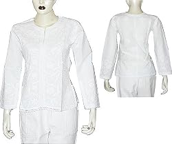 Lady Shirts Cotton Long Sleeve Top Blouse Chikan Embroidery Size XS (ctop394)