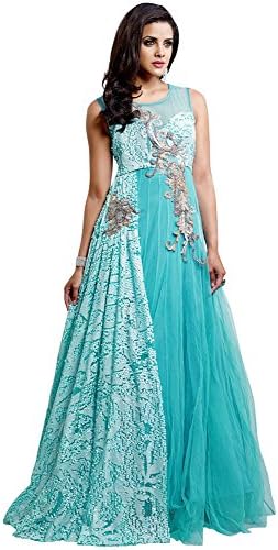 INMONARCH Womens Stylish Turquoise Blue Net Designer Gown SLRD1044 unstitched