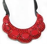 ZAD Large Red Agate, Sequin and Beaded Bib Necklace on Black Ribbon