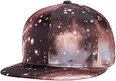 Men All Over Galaxy Print Canvas Flat Panel Brim Trucker Snap Back Cap Hat Brown
