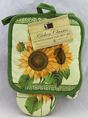 2 Pcs, Sunflower 1 Pot Holder, 1 Oven Mitt, 100% Cotton