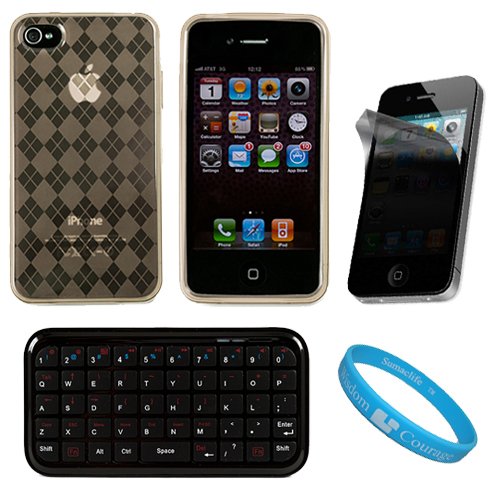 Smoke Argyle Premium Rubberized Protective TPU Silicone Skin Cover Case for Verizon Wireless New iPhone 4 (16GB, 32GB) 4th Generation and AT&T iPhone 4 + Privacy Screen Protector for Apple iPhone 4 LCD Display Screen + USB Car Charger + USB Travel Wall Charger + Naztech Bluetooth Mini i-Keyboard for Apple iPad and iPhone