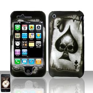 Black Ace Spade Skull Design Snap on Hard Cover Protector Faceplate Skin Case for At&t Apple Iphone 3g 3gs - Shipped in Cardboard Box