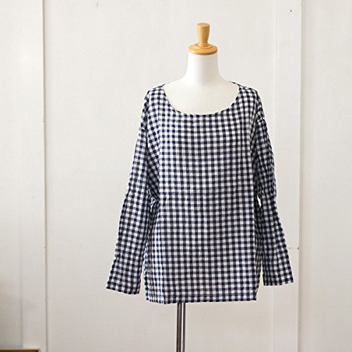 (イチ) ICHI しわ加工チェック柄ボートネック長袖チュニック