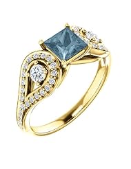 18K Yellow Gold Round Cut Blue and White Diamond Ring -- LIFETIME WARRANTY