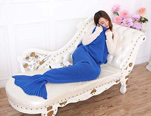 AOOK HOMEMADE Mermaid Tail Blanket Crochet, Warm Sofa Quilt Super Soft All Seasons Sleeping Blankets,Handmade Mermaid Tail Blanket for Adults,77''x38'' 195cmX95cm (Sea Blue)