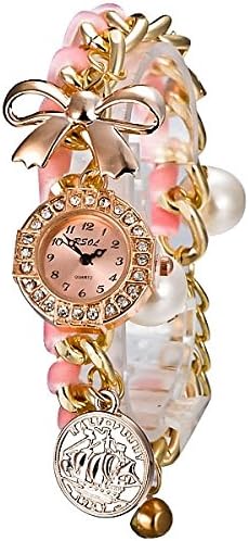 Gold Bezel Diamond Pearl Bowknot Decoration Ribbon Chain Band Women Bracelet Watch - Pink