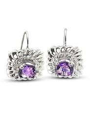 CleverEve Luxury Series Textured Rope Design Square Frenchwire Sterling Silver Earrings w/ Round Genuine Amethyst Center Stones
