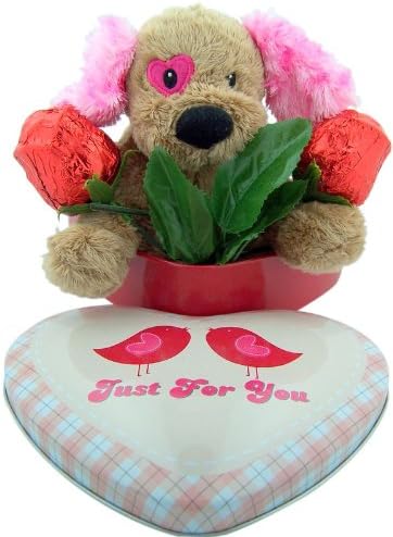 Romantic Gift 7" Plush Dog with Chocolate Candy Rose in Just For You Heart Shape Tin