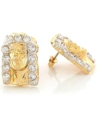 14k Two Tone Real Gold CZ 2.01cm x 1.42cm Jesus Christ Head Religious Post Earrings