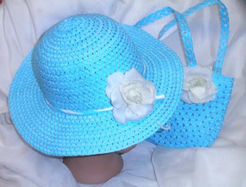 Girls Easter Hat Teaparty Hat Turquoise Blue with rose - Matching Handbag