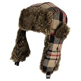 Wool Faux Fur Plaid Trooper Trapper Pilot Ski Hat, Tan Red