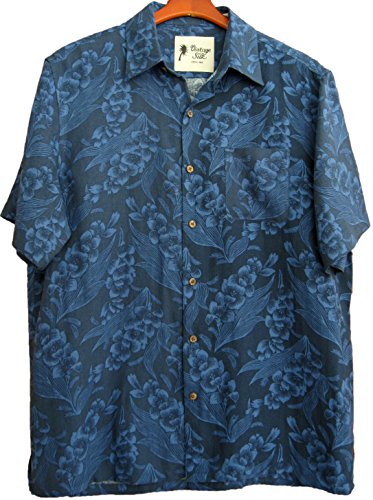 Mens Silk Linen Blend Hawaiian Camp Shirt Navy Blue Floral Casual