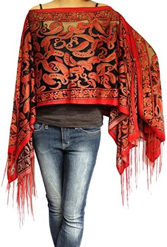 Embroidery Paisley embroidery scarf poncho caftan with fringe Red color