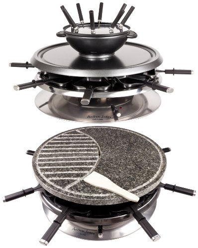 Andrew James Luxury 2 in 1 Stone Raclette Grill & Fondue Set with Thermostatic Heat Control - Large 37cm Diameter Cooking Surface - Patented Oil Drainage System