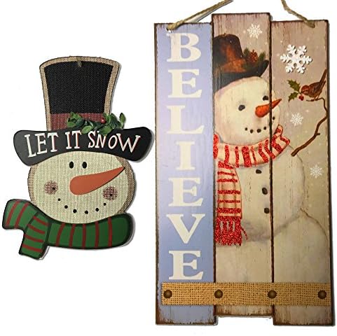 Christmas Decorations For Your Home - Set of 2 Wooden Xmas Snowmen Signs - "Believe" Snowman Plank &amp; Wood/Burlap Snowman