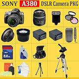 Sony Alpha A380 Digital SLR with 18-55mm Lens + HUGE ACCESSORIES PACKAGE INCLUDING WIDE ANGLE MACRO LENS + 2X TELEPHOTO + 3 PC FILTER KIT + 8GB SDHC MEMORY CARD + 2x EXTENDED LIFE BATTERIES + CARRYING CASE + TRIPOD & MUCH MORE !!