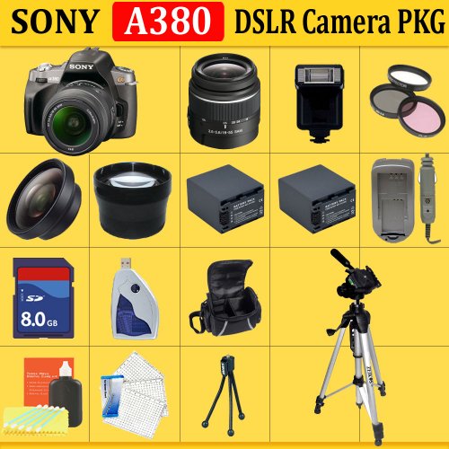 Sony Alpha A380 Digital SLR with 18-55mm Lens + HUGE ACCESSORIES PACKAGE INCLUDING WIDE ANGLE MACRO LENS + 2X TELEPHOTO + 3 PC FILTER KIT + 8GB SDHC MEMORY CARD + 2x EXTENDED LIFE BATTERIES + CARRYING CASE + TRIPOD & MUCH MORE !!