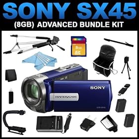 Sony DCR-SX45 Handycam Camcorder (Blue) (8GB Advanced Bundle Kit) includes Charger, Battery, 8GB SD Memory, Carrying Case, Full Size Tripod, Monopod, Mini Tripod, Video Light Kit, Grip Handle, Card Reader, Card Wallet, Cleaning Kit - (DCRSX45/L)