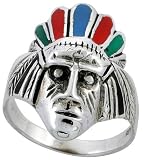 Sterling Silver Multi- Color Indian Chief Head Ring