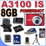 Canon PowerShot A3100IS 12.1 MP Digital Camera w/4x Optical IS Zoom (Red) 8GB BP8L Battery/Charger BigVALUEInc Accessory Saver Bundle