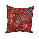 Indian Vintage Sari Beaded Decorative Persian Red Cushion Cover 24" FREE SHIPP