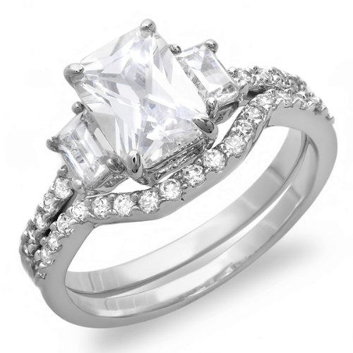 2.50 CT Ladies Emerald & Round Cubic Zirconia CZ Wedding Bridal Engagement Ring Set (Available in size 6, 7, 8) size 7