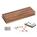 Solid Walnut Wood 3 Track Cribbage Board with 2 Decks of Cards, Metal Pegs & Storage by WE Games