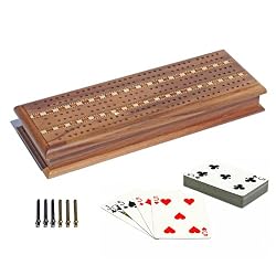 Solid Walnut Wood 3 Track Cribbage Board with 2 Decks of Cards, Metal Pegs & Storage by WE Games