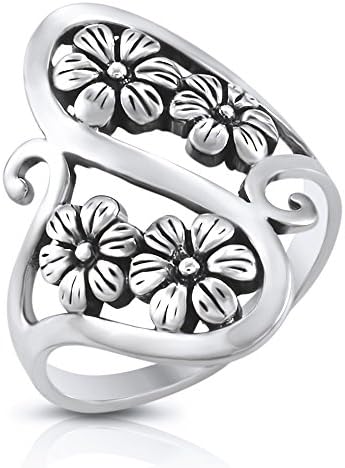 Sterling Silver Floral Filigree Flower Vine Ring - Size 9