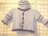 Ck625bd, . Knitted on Hand Knitting Machine Then Finished By Hand Crochet Infant Boys Outfit, Containing Blue Cotton with Denim Cotton Stripe Cardigan Sweater, Hat Set