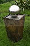 Calming Waters Garden Fountain - Outdoor/Indoor - Stainless Steel Reflecting Globe on Slate Pillar