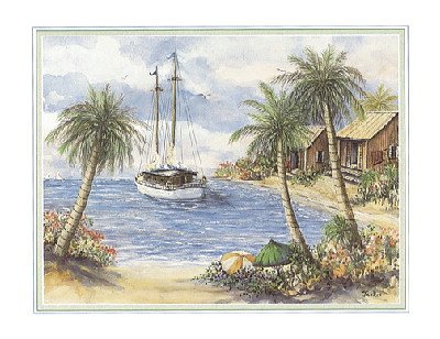 Set of 4 Tropical Art Prints Palm Trees Sailboats 8x10 Posters