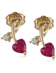 10k Yellow Gold Heart Created Ruby Diamond Earrings (0.009 cttw, I-J Color, I2-3 Clarity)
