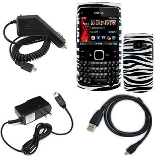 iNcido Brand Nokia X2-01 Combo Black/White Zebra Protective Case Faceplate Cover + Home Wall Charger + USB Data Charge Sync Cable + Rapid Car Charger for Nokia X2-01