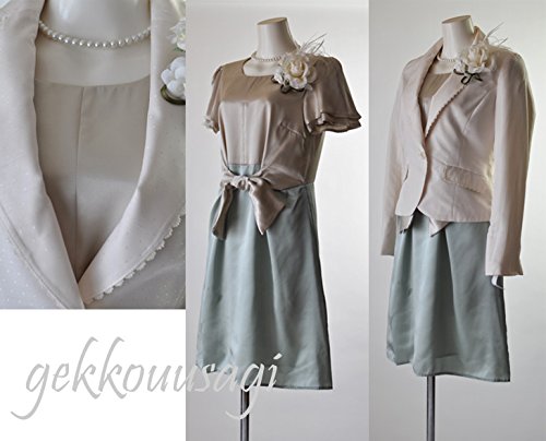 ノーブランド品 レース・後ろリボンジャケット&配色ワンピーススーツ 光沢サテン地 旬モード カラーフォーマル (547/001)(am9s)