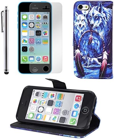 TheLovelyBird PU Leather Folio Stand Wallet Case Cover for iPhone 5C + Stylus Pen + Screen Protector in Retail Packaging (Wolf)