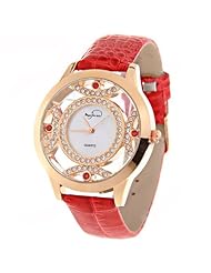 Womens Quartz Wrist Watch with PU Leather Band & Rhinestone Ornament - Red SWWM3-181699