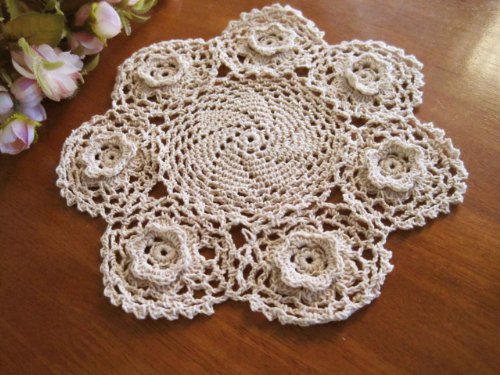 Chic Handmade Crochet Lace 3D Flower Cotton Doilies, 6-inch Round, White Color, 4-piece Set
