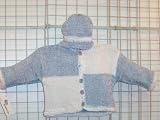 Ck77, Knitted on Hand Knitting Machine Two Color Block White and Denim Chenille Hand Crocheted Finish Boys Cardigan, Hat Set.