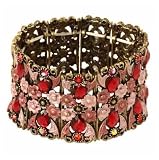 Antique Gold and Red Crystal and Flower Stretch Bangle Fashion Bracelet