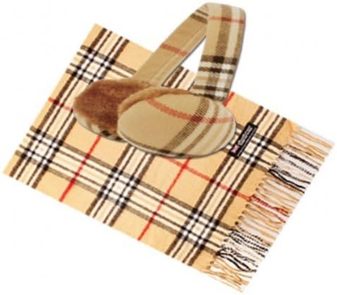 Winter Warm Tan Plaid Scarf & Earmuff Set